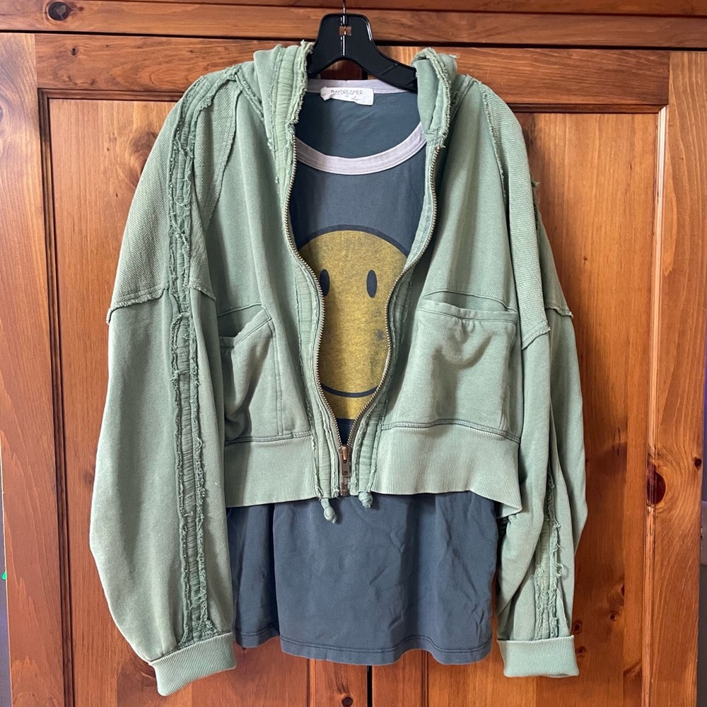 FREE PEOPLE ARMY GREEN TOWNES CARDI FULL ZIP CROPPED
